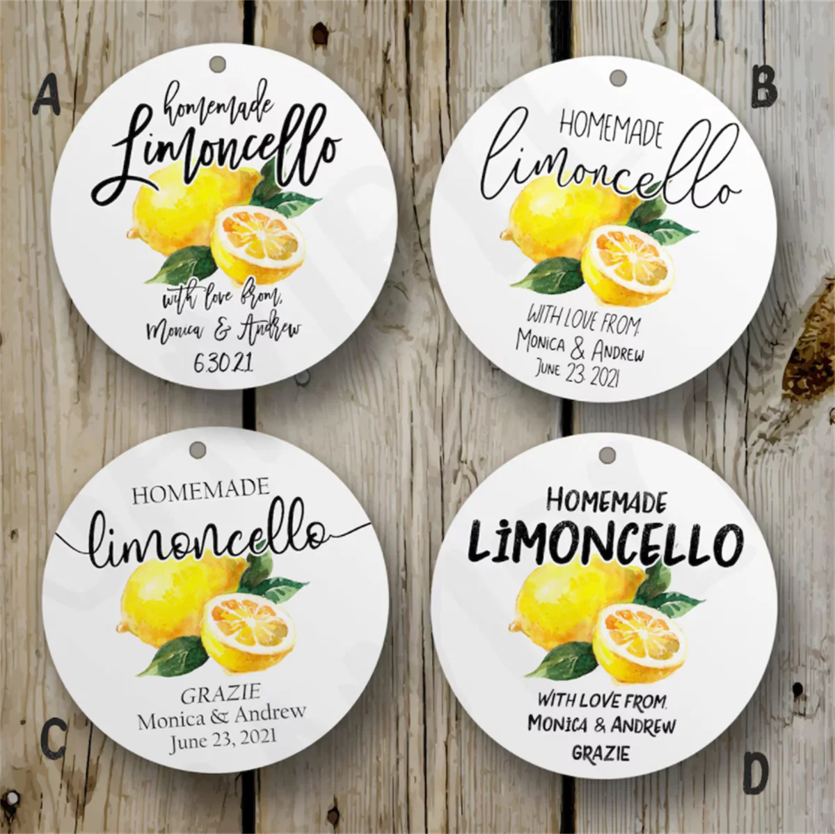 50pcs Custom Limoncello Favor Tags, Printed Lemoncello Tags, Round Personalized Limoncello Bridal Shower Favor Tags, Italian Wed