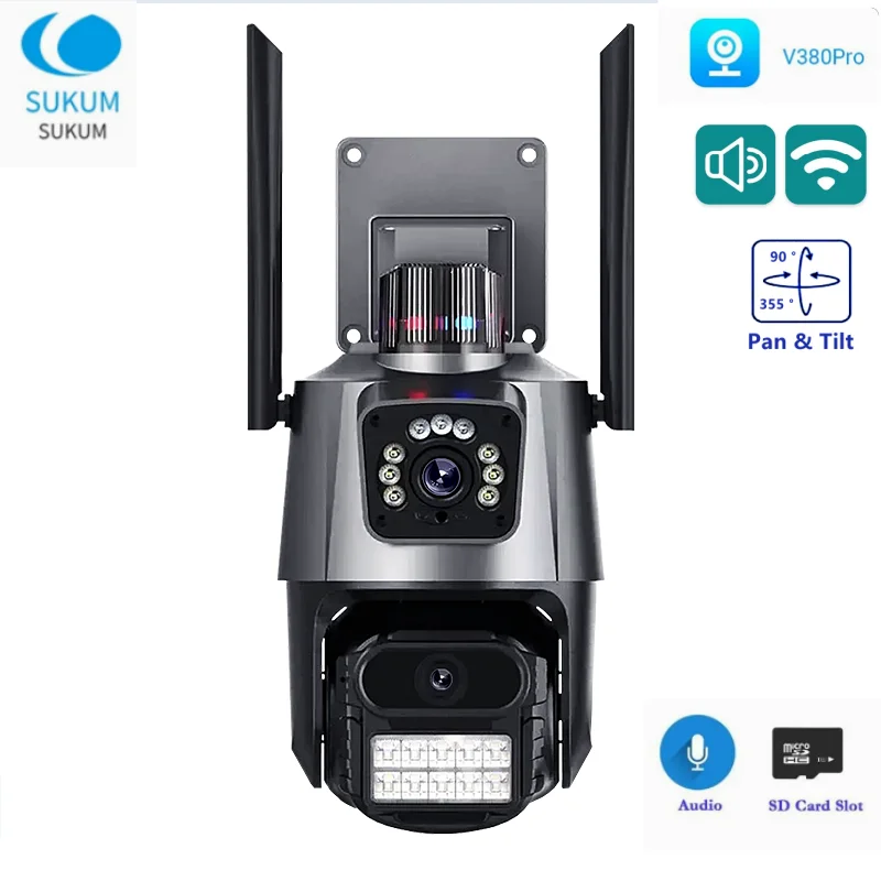 4MP WiFi Surveillance Camera Dual Lens Human Detect ONVIF Outdoor Security PTZ IP Cameras Color Night Vision V380 Pro APP