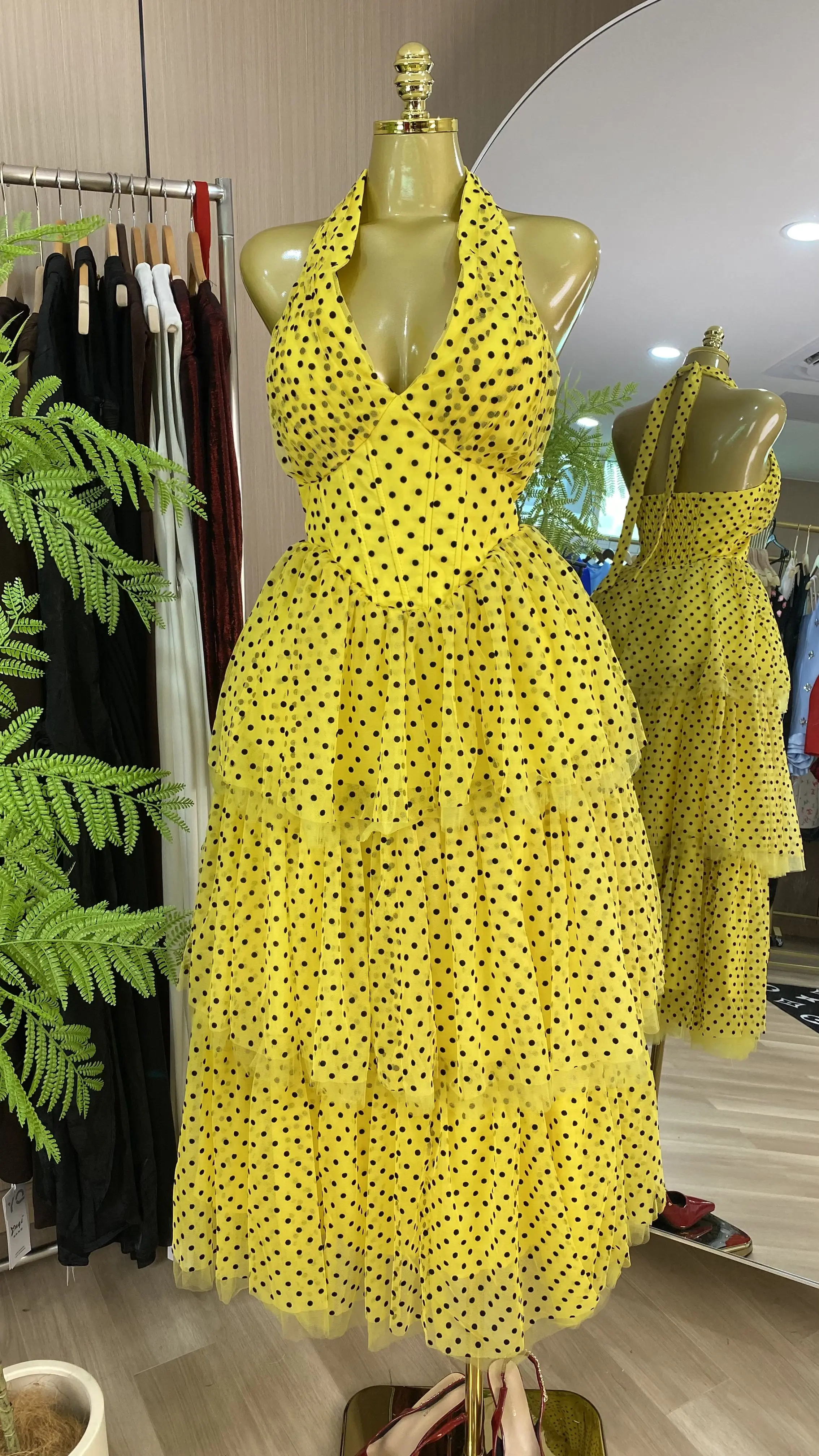 Spring/Summer Women's Dress, Retro Princess Halter Neck Slim Fit Polka Dot Layered Long High Waist Party Dress-GZXX802