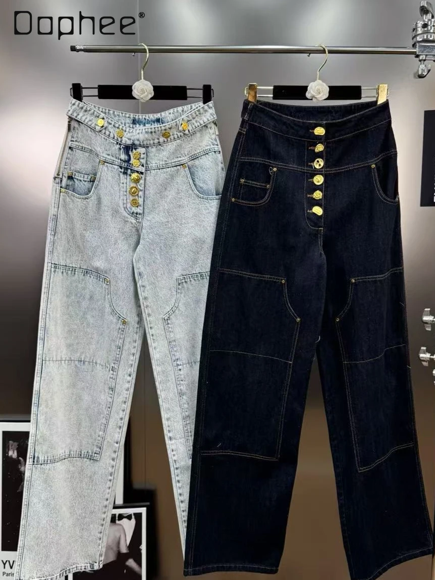 

Autumn European American Hot Girl Metal Heavy Buckle High Waist Slim Straight Pants Street Punk Style Cargo Pants Women Jeans