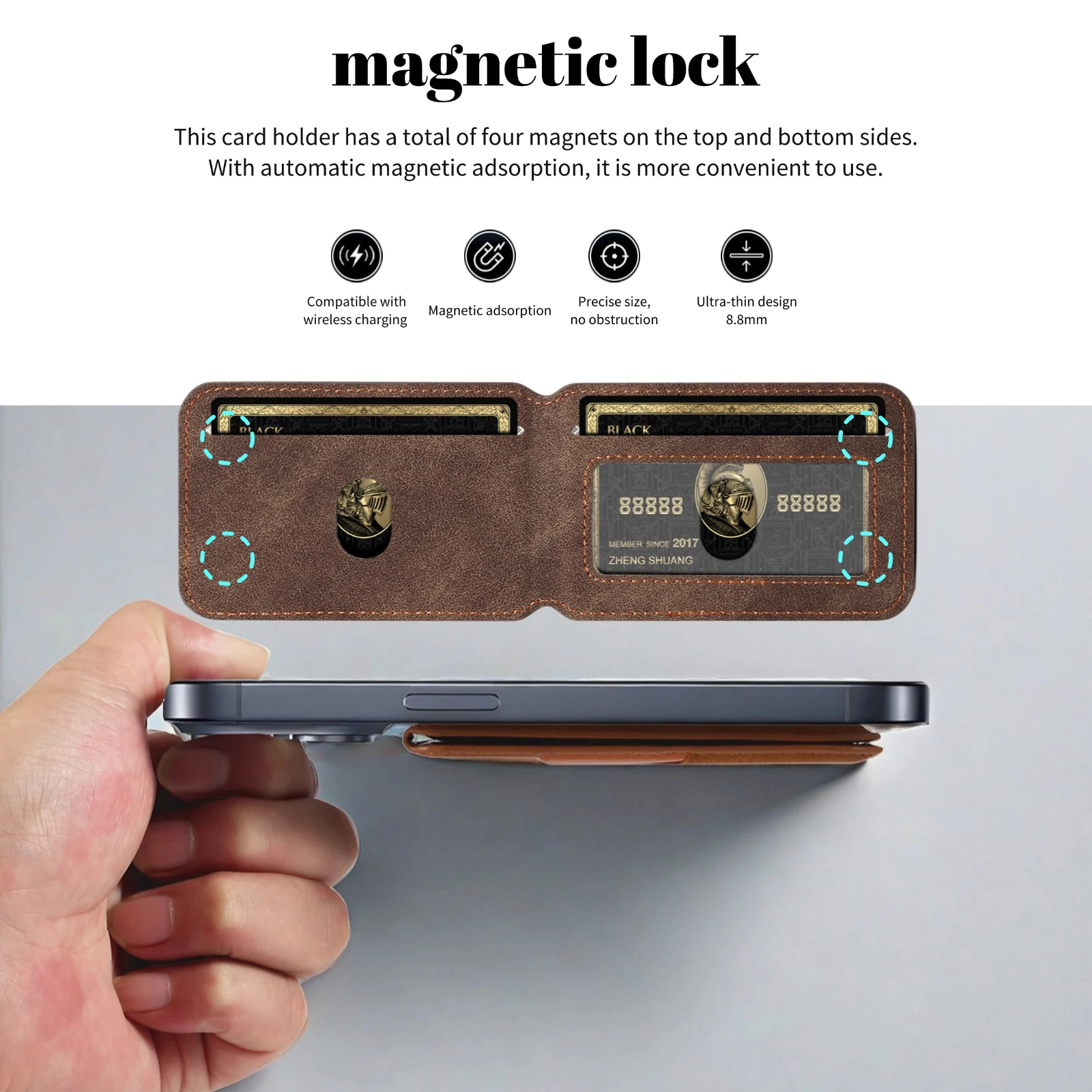 Vintage PU-Leder für MagSafe magnetischer Kartenhalter mit Ständer für iPhone Samsung Serie RFID Anti-Skimming Bank-ID-Kartenhülle – Detail 22