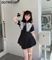 Black Striped Embroidery Set Mine Shirt Dress Shorts Japanese Gothic Style Waist-Controlled Top and Shorts Lolita Two Piece Set