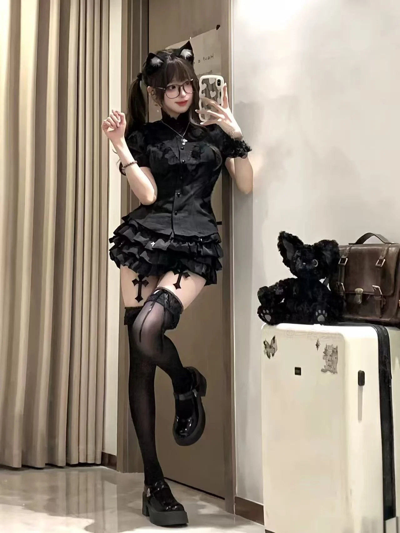 Conjunto de Csa de Manga Curta Estilo Gótico loween para Meninas Picantes com Saia Puff em Aodão Respirável