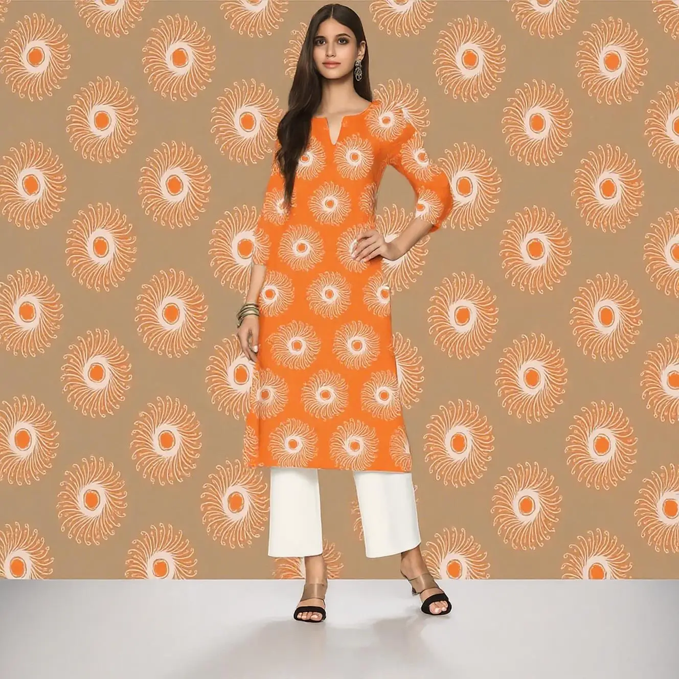 Muslim Dress Kurt women's Fashionable And Elegant Long Sleeved Straight Tube Casual Round Neck Flowers Pattern Noble Skirt 2026