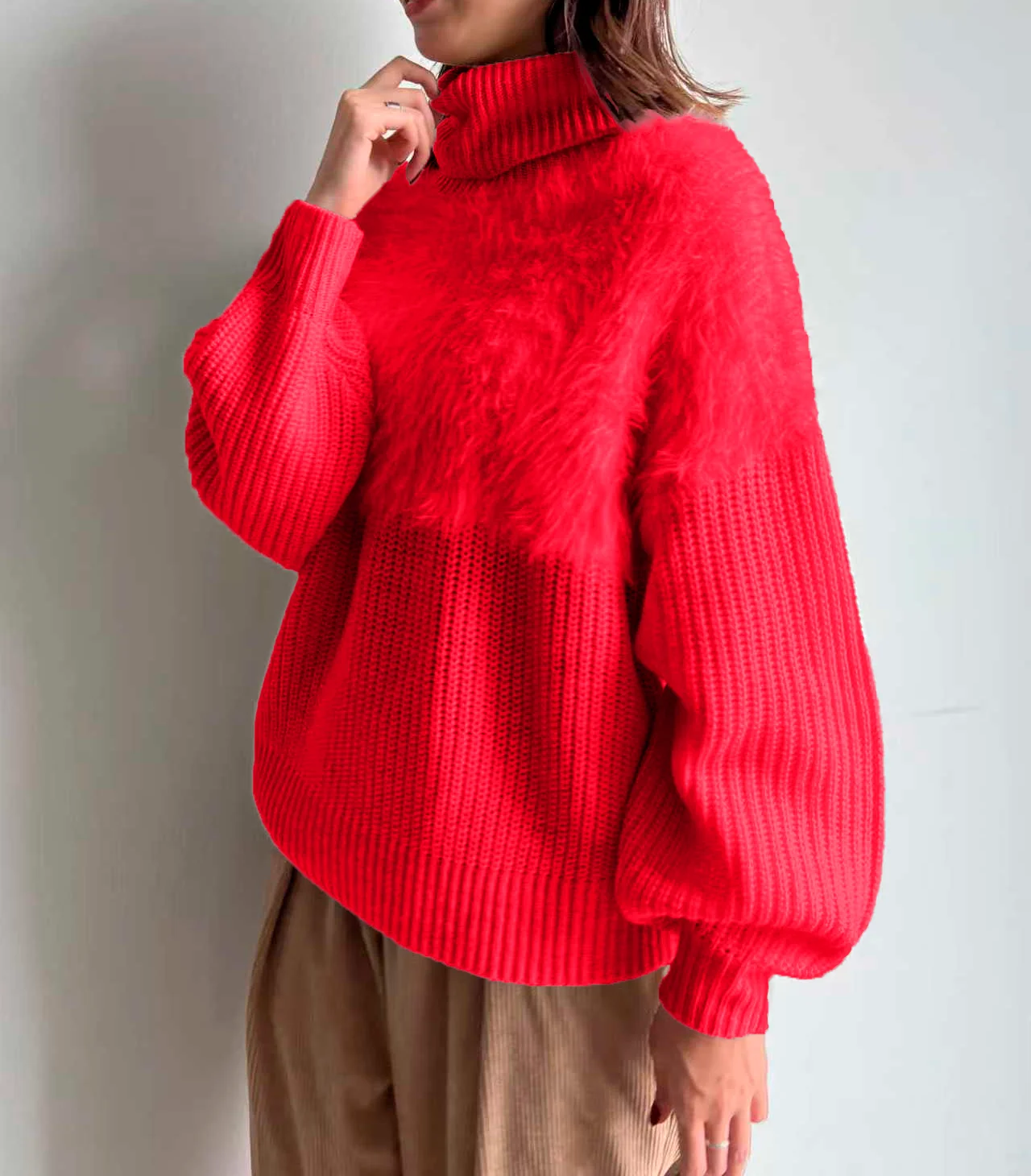 

Plus Size Women Casual Solid Fleece Turtleneck Long Sleeve Knit Sweater, Autumn Winter Versatile Outfit