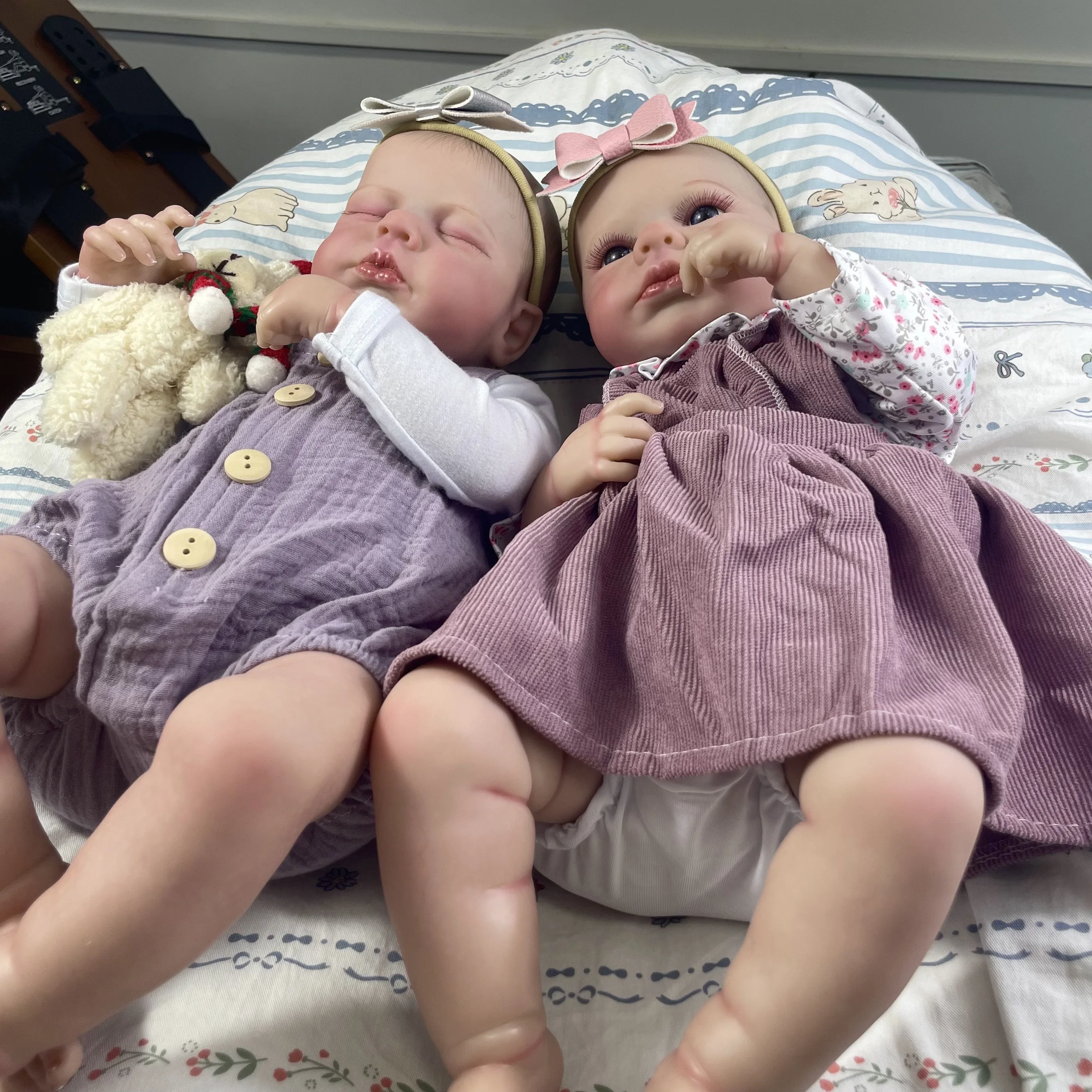 50CM Adorable Reborn Baby Dolls LouLou Twins Girl Lifelike Silicone Vinyl Newborn 3D Skin Handmade Toy Christmas Gift