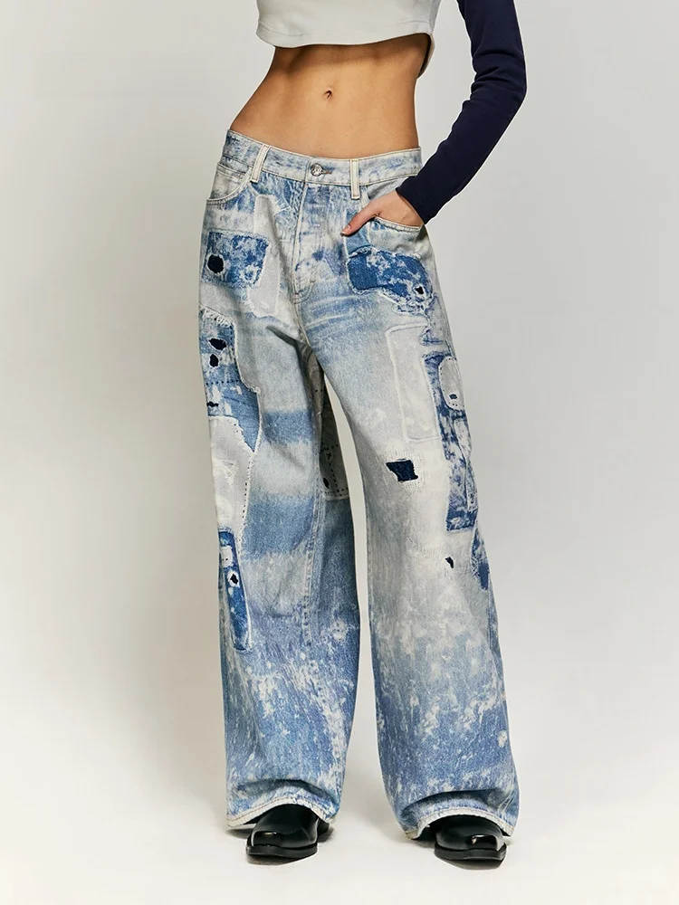 

Autumn Winter New Washed Tie Dye Digital 3D Print Jeans Street American Retro Long Pants Men Women Casual Straight Leg Jeans