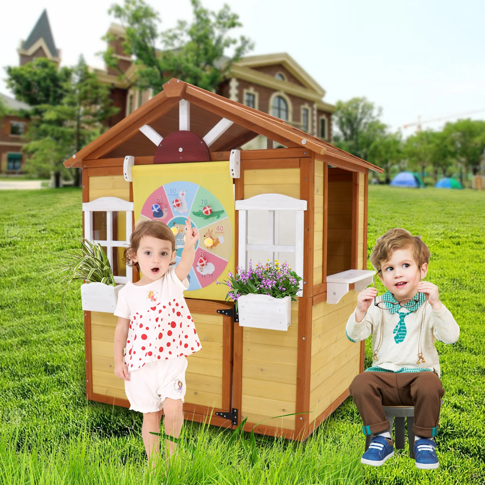 Outdoor Playhouse for Kids Wooden Cottage with Working Doors Windows Pretend Play House for Age 3-8 Years