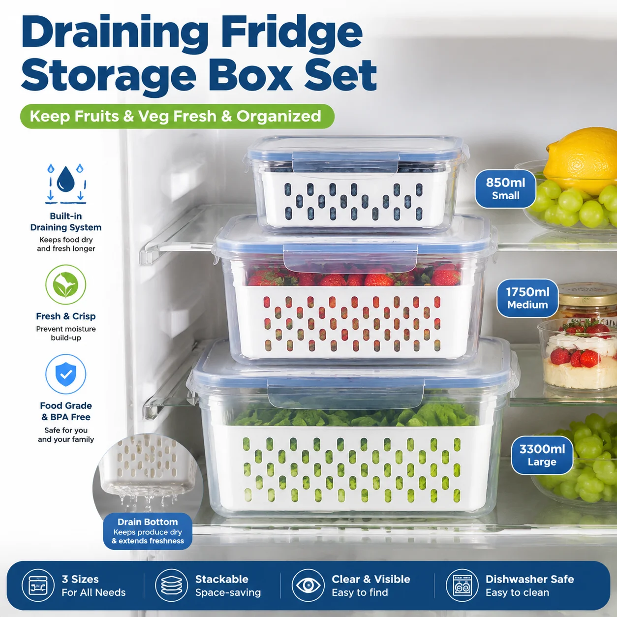 850Ml food storage container with drainage function, transparent plastic box, rectangular, for refrigerator, food grade,with lid