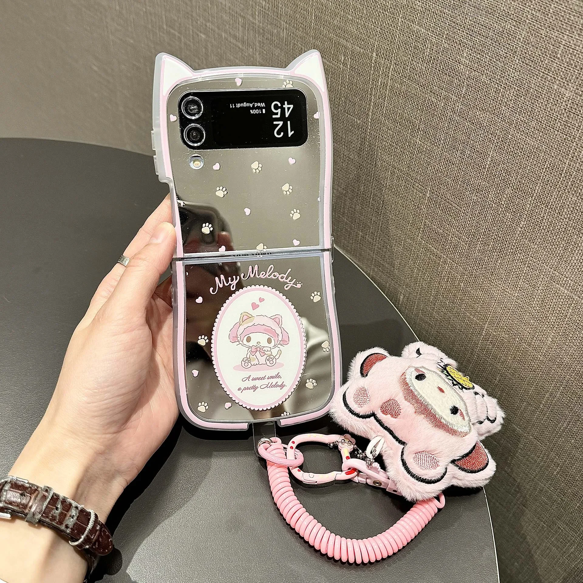 3D Cute Cartoon Sanrio Kuromi My Melody Mirror Phone Case For Samsung Galaxy Z Flip 6 5 Soft Cover For Z Flip 3 4 With Lanyard