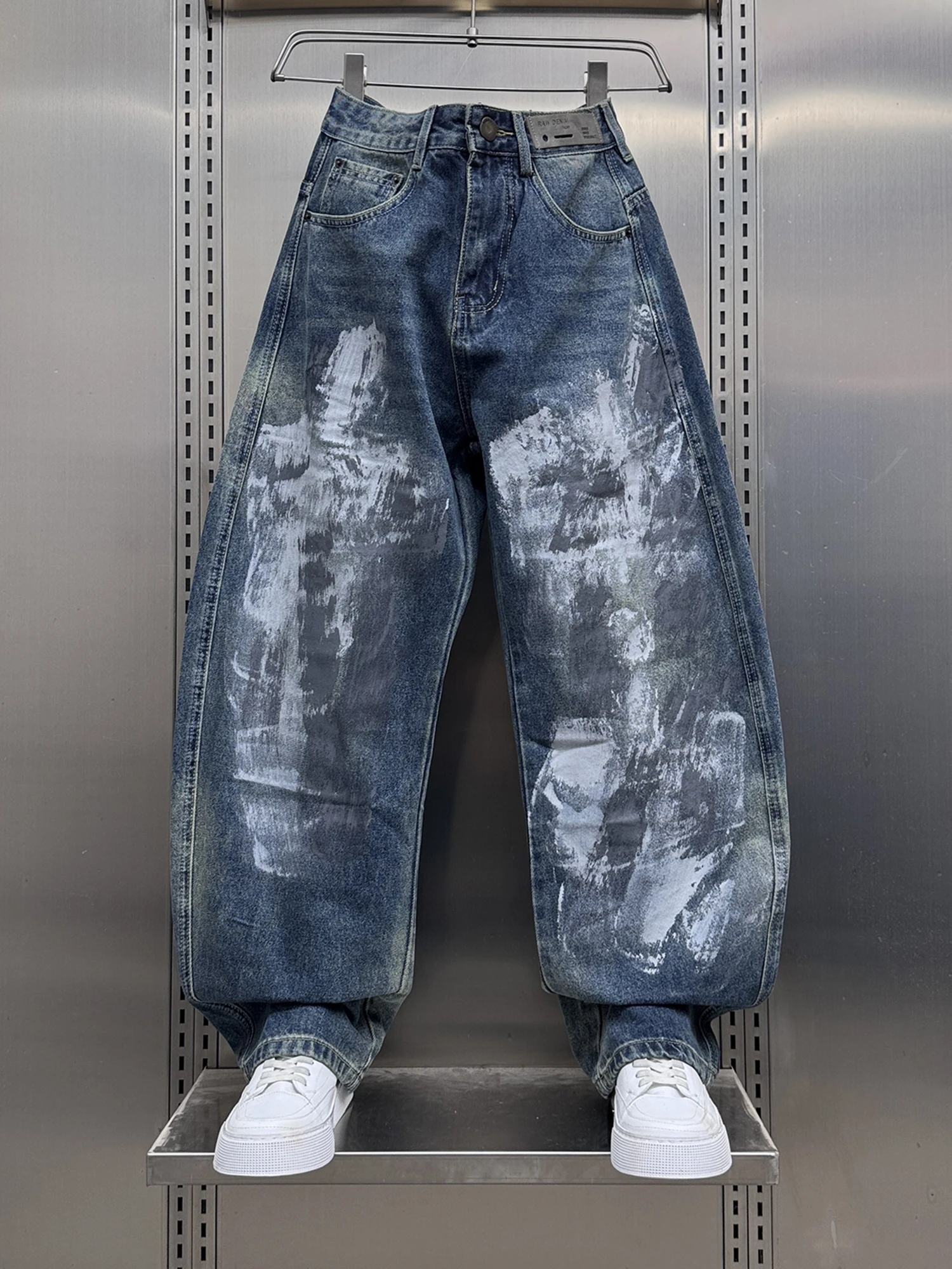 

Мужские джинсы в стиле ретро с эффектом потертости, широкие, свободные, прямые, длинные брюки, модный бренд