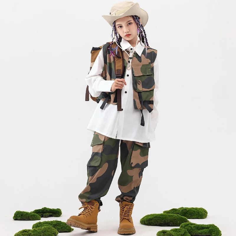 Kids Hip Hop Clothing Teen Stage Clothes Camo Tactical Sleeveless Jacket Vest Street Cargo Pants For Girl Boy Jazz Dance Costume