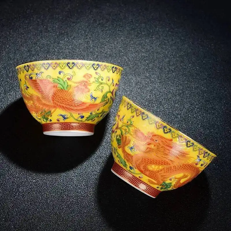 Enamel Tea Cup Chinese Handmade Porcelain Teacup Dragon and Phoenix Pattern Teacup Ceramic Master Cup Personal Tea Bowl Teawarer