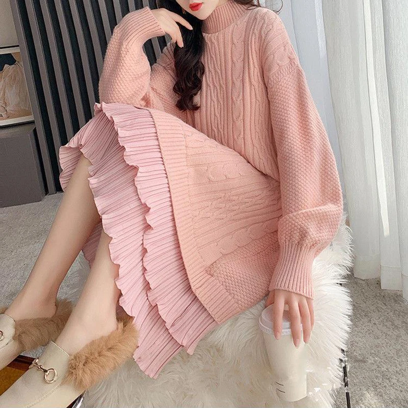 Autumn Winter Long Sleeve Sweater Dress Women Korean Ruffles Loose Knitted Dresses Woman 2023 Women\'s Mid-Length Knit Base Dress