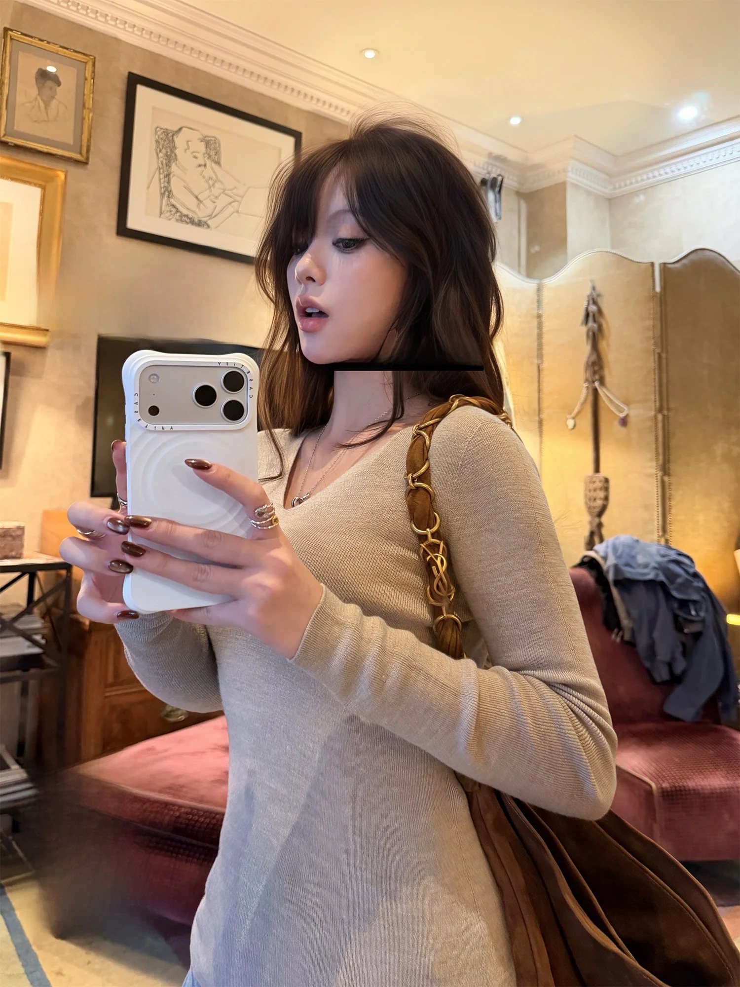 

Женская теплая термокофта из шерсти Thirteen Xin 00 с длинным рукавом и V-образным вырезом, вязаная, для повседневной носки, модная