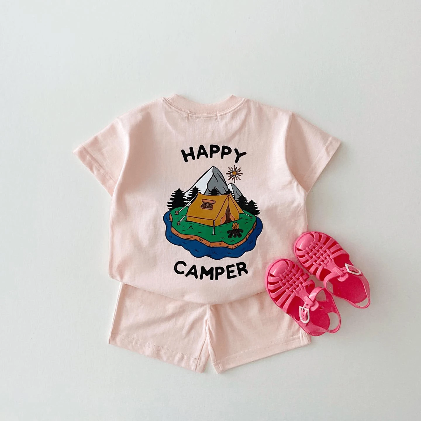 Korea Summer Set Baby Boy Two Sided Print Camper T-shirt Tees Tops+Cotton Shorts Kid Sports Suit Bebe Baby Girl Clothes Outfits