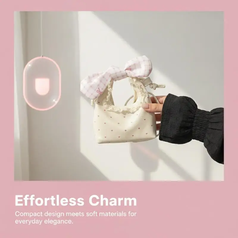 Creamy White Faux Leather Mini Tote Bag, Plaid Bow & Heart Print Lace Trim Handbag For Girls Daily School Dating