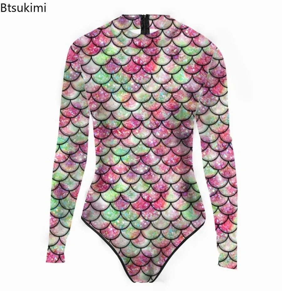 3D Digital Printed Women's One-piece Swimsuit Long Sleeved Sexy Mermaid Set Swimsuit Multi-color Long Sleeved Zipper Beachwear