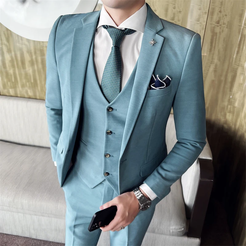 ( Jacket + Vest + Pants ) High -end Brand Official Business Solid Color Casual Suit Three -piece Suit  Groom Wedding Gown Jacket