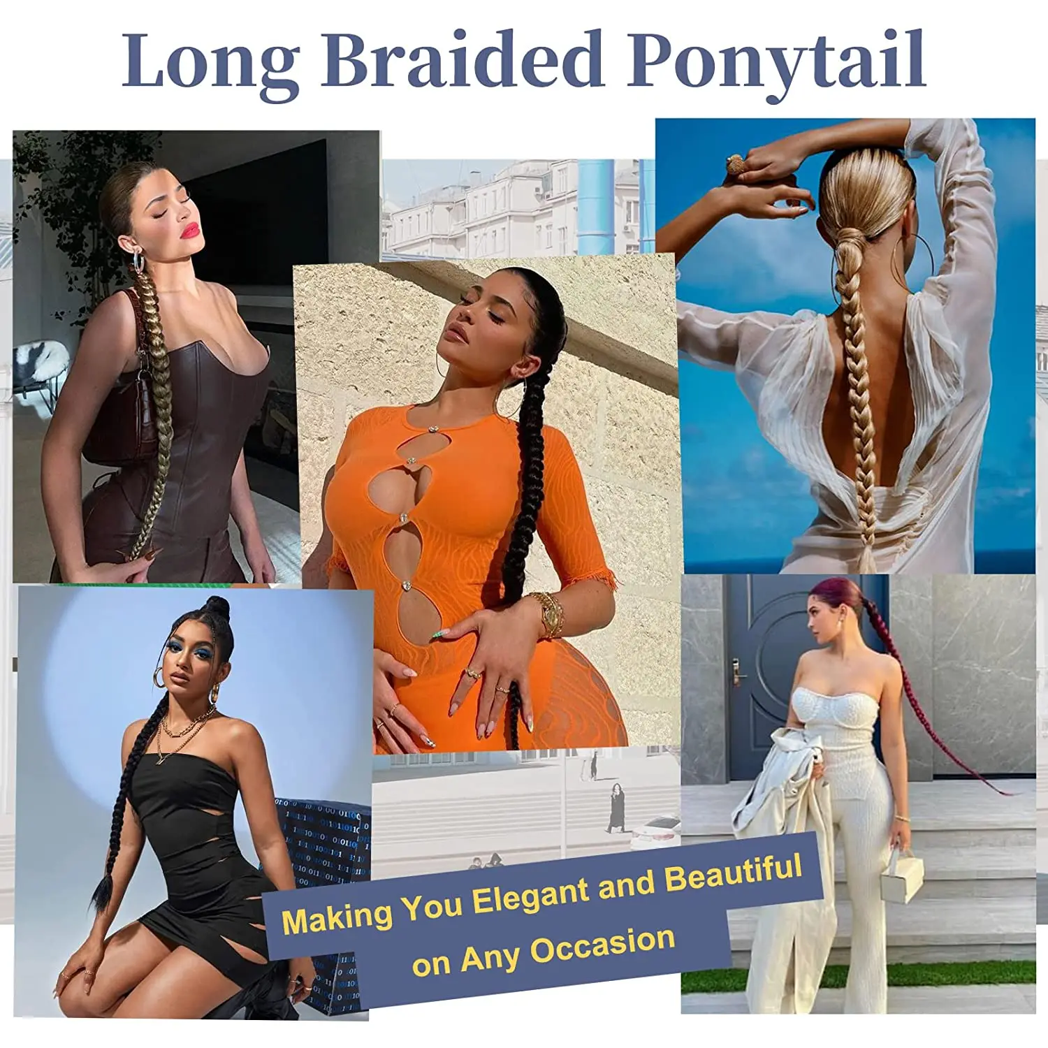 Synthetic Long Box Braided Ponytail Hair Extensions For Woman Girls 40inch Black Wrap Around Pony Tail Wig With Rubber Band