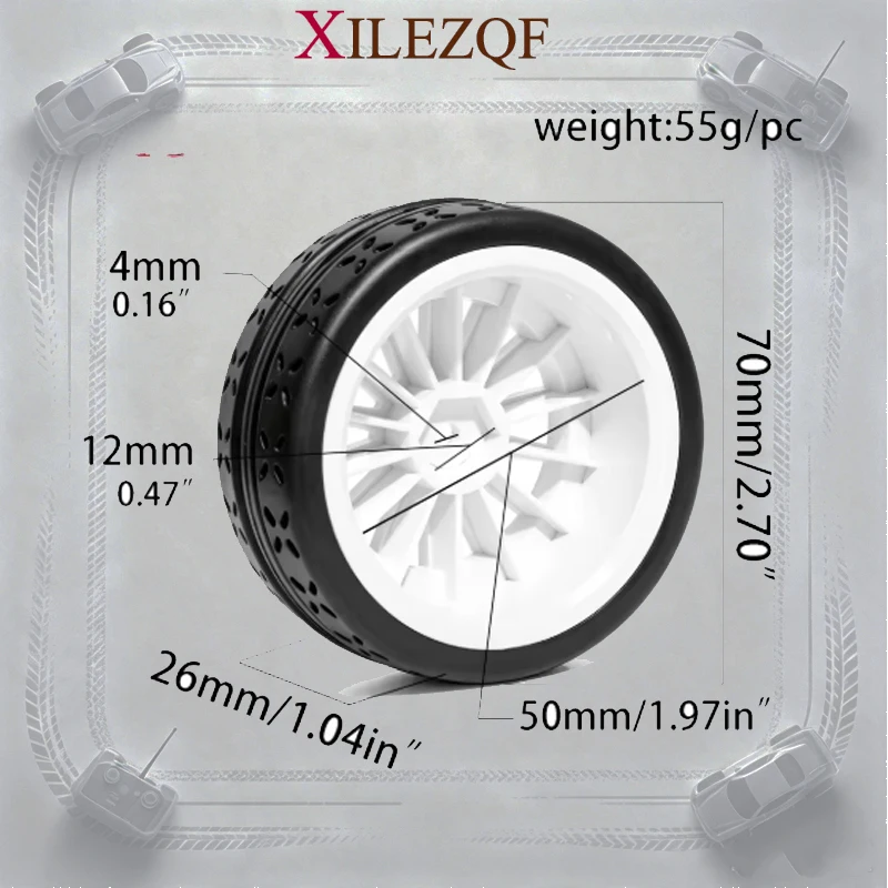 4Pcs 1/10 RC Rally Street Tires Hard Plastic Wheels OD 70mm 12mm Hex for 1:10 On Road Drift Touring Car MJXRC 10304 Tamiya TT01
