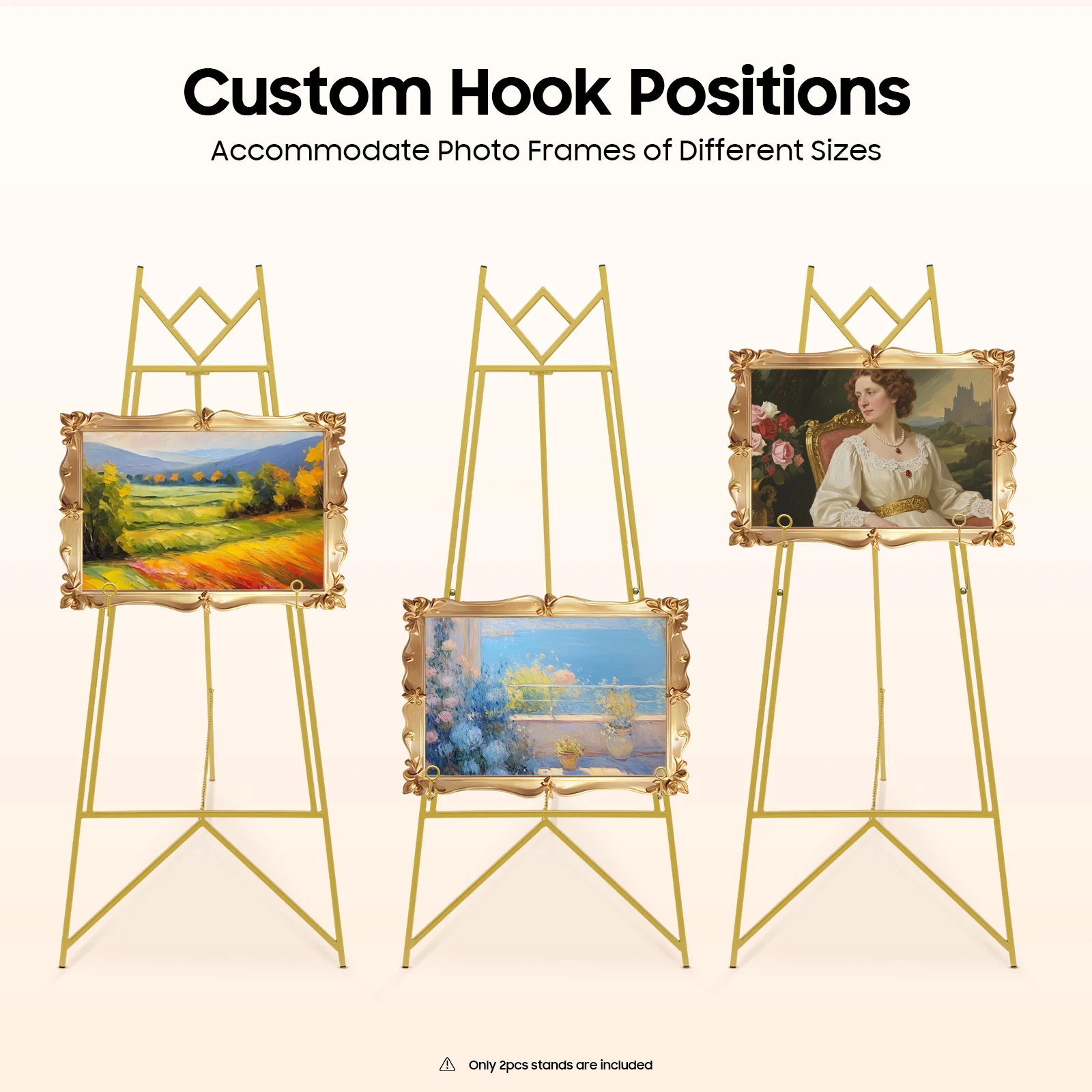 2Pack Gold Easel Stand Display Frame Holder Heavy Duty Steel Poster Rack Adjustable Tilt Chain Hooks for Wedding Photo Art Show Party Sign Advertising