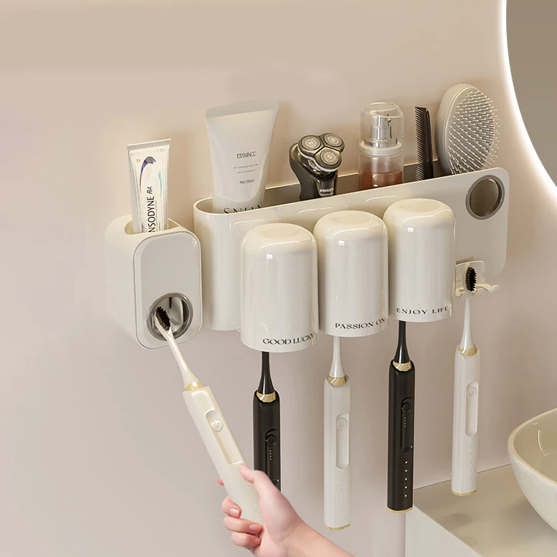 Wall Mounted Toothbrush Holder No Punching Toothpaste Toothbrush Storage Rack Transparent Mouthwash Cup Toothbrush Bathroom Set