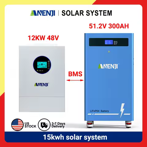 ANENJI 15KWH solar system 12KW 48V hybrid solar off grid connected inverter pure sine inverter 51.2V LiFePO4 battery