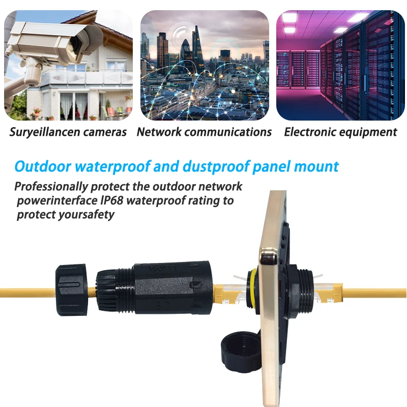 Connettore IP68 RJ45 CAT7 Spina di rete di aggancio M23 impermeabile Giunto dritto Connettori impermeabili RJ45 da pannello da 4,5-7,5 mm