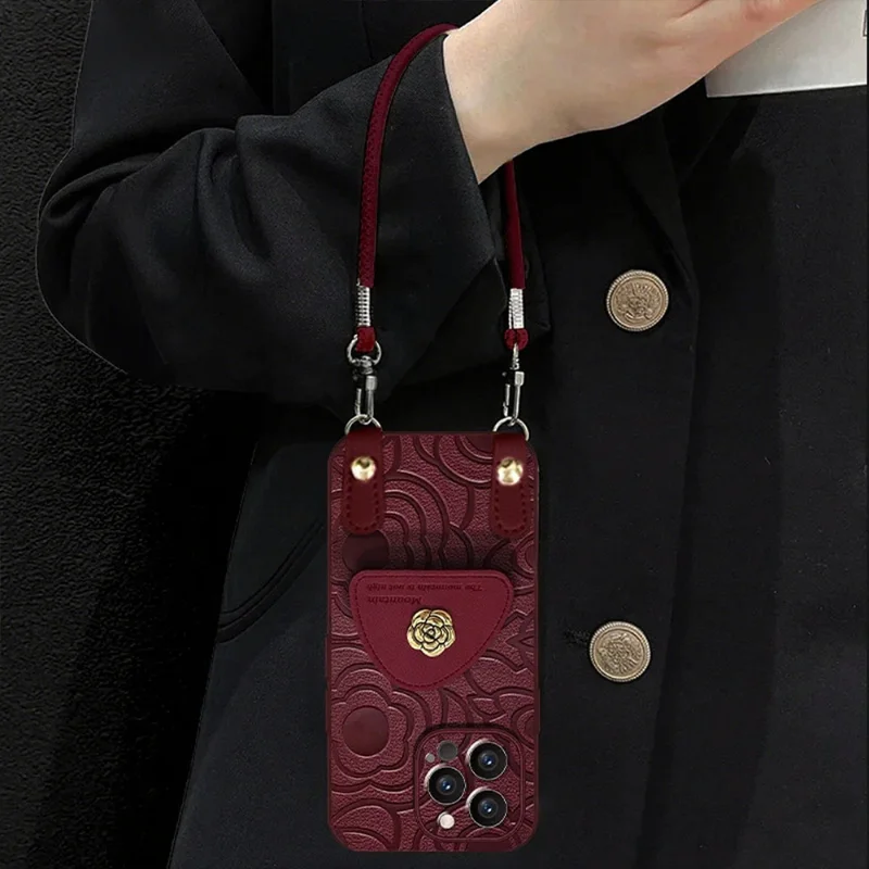 

Classic Retro Camellia Phone Case with Stands for IPhone 17 16 15 14 13 12 11 Pro Max 16 Plus 17AIR Lanyard Anti-drop Back Cover