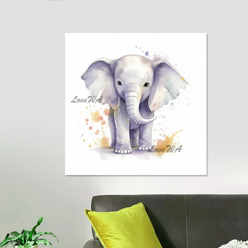 Cute Cartoon Elephant Oil Painting Baby Room Decor Art Picture Simple Style Artwork Frameless Abstract Animal Wall Canvas Poster