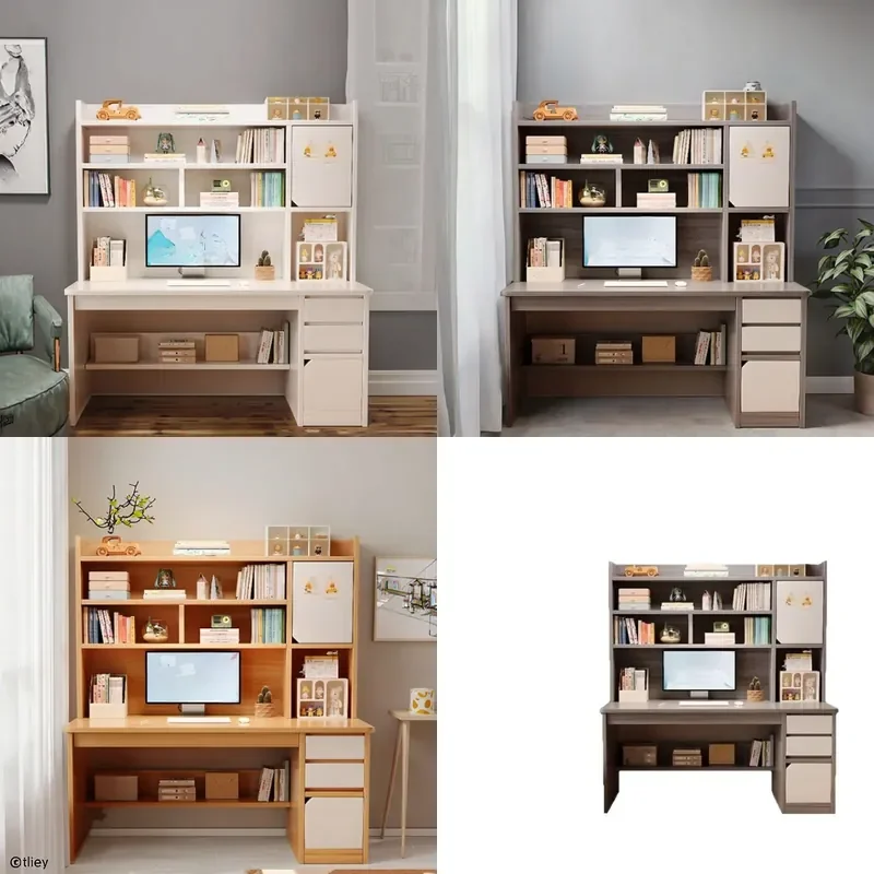 Integrated Desk with Bookshelf Wooden Study Table for Bedroom Student Writing Computer Workstation Home Office Furniture