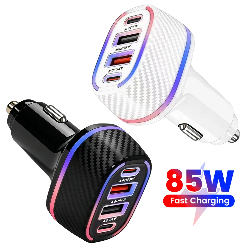 85W 2USB+2 Type C Fast Charge Car Charger QC3.0 Super Charging Adapter Mobile Phone Charger for Iphone 17 16 Samsung POCO Xiaomi