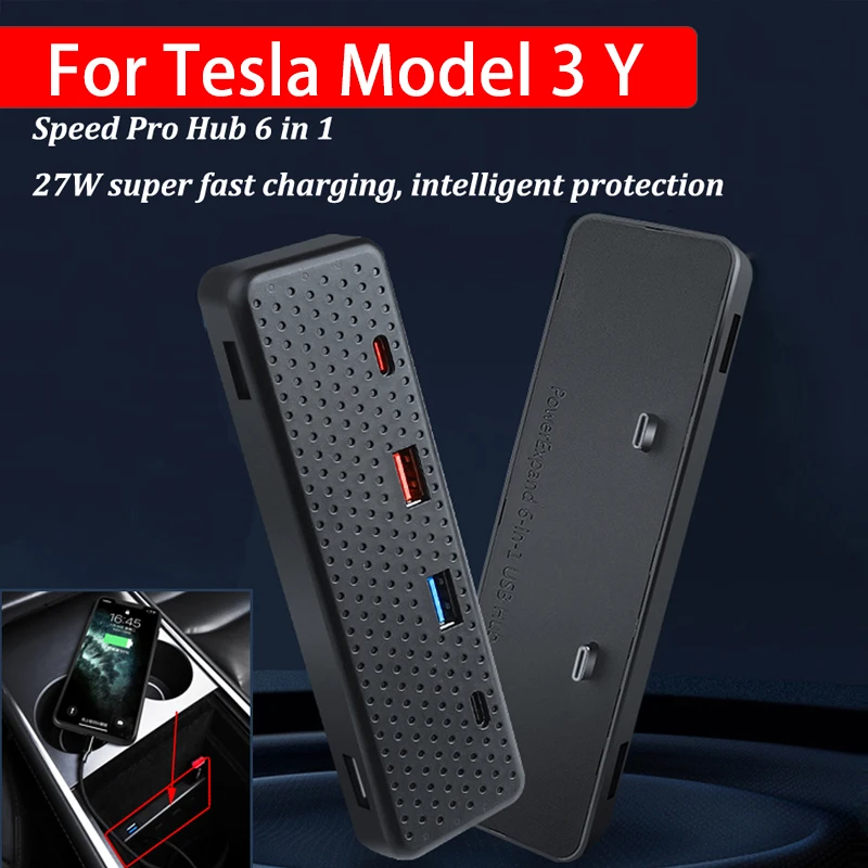 USB Splitter Hub For Tesla Model 3 Y 2021 2022 Charging USB Splitter 6 in 1 Port,Docking Station USB Hub Cable Charger Extension