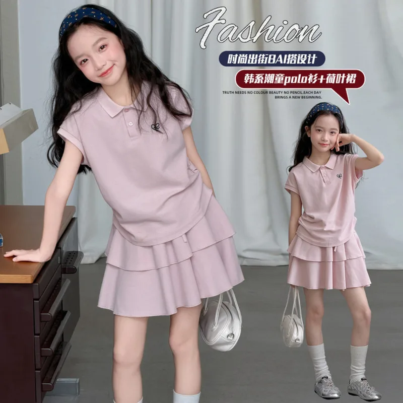 Pink Girls Sporty Cotton 2piece Set 26 Spring Summer Outfit New Cute Stylish Big Kid Children Polo Shirt Pleat Skirt 10-18 Years
