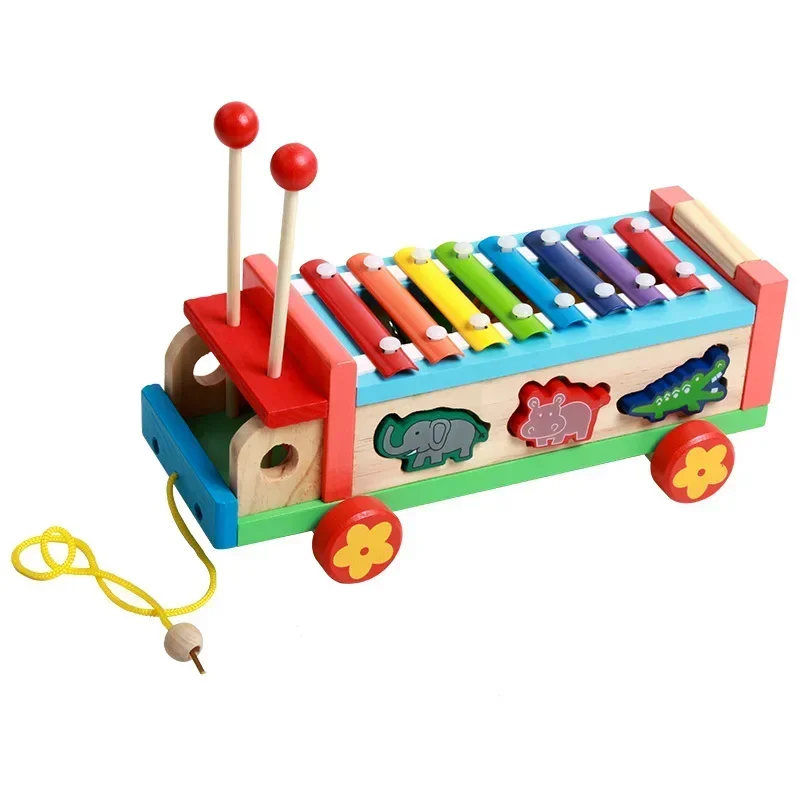 

[Funny] Baby Cartoon Serinette Musical Instrument Animals Drag Hand Knock Piano Toy Kids Early Educational Wooden Toy kids gift