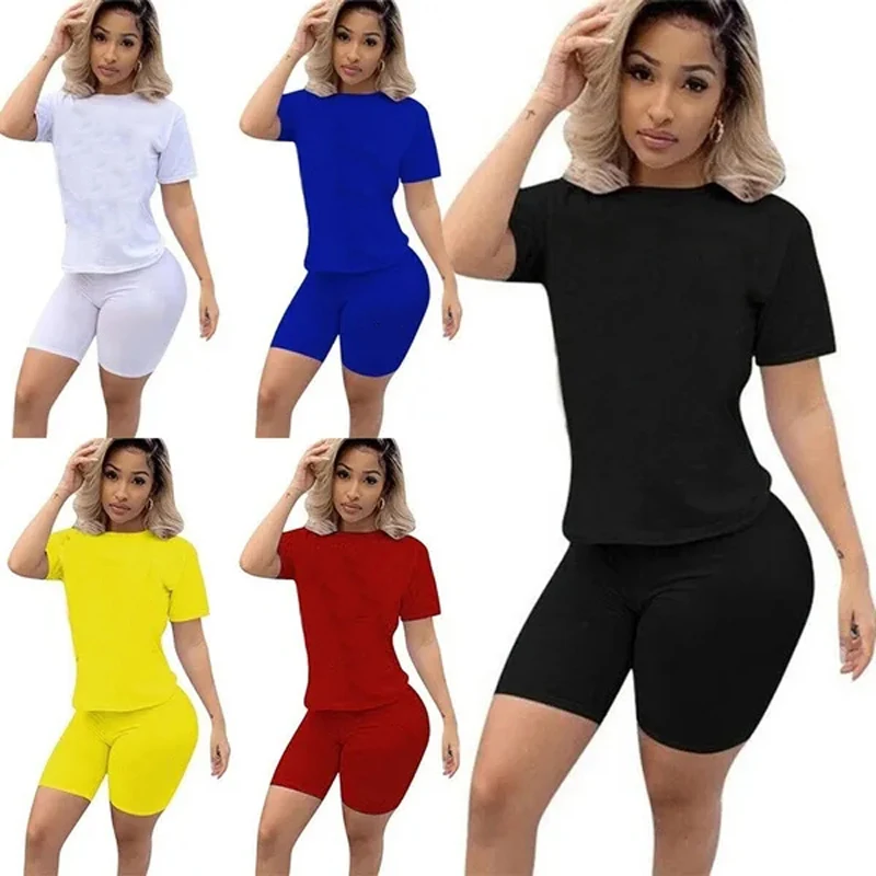 Women Quick Dry T Shirt Set Casual Two Piece Set Short Sleeve Tee Top Biker Shorts Above Knee Pants Suit Tracksuit Outfits