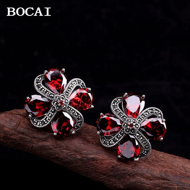 

BOCAI, новинка S925, серебро, винтажный модный цветочный гранат, красная пряжка для ушей, женский подарок