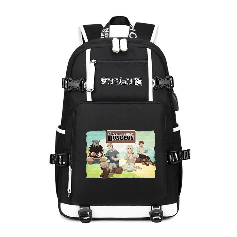 Cartoon Delicious in Dungeon Students School Laptop Backpack Oxford Bookbag USB Charging Port Anime Shouler Bags Casual Daypack