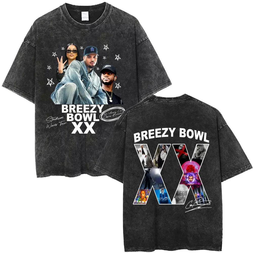 

Rapper Chris Brown Breezy Bowl XX Tour 2025 Washed Vintage T-shirt Men Women Hip Hop Fashion T Shirts Man Casual Cotton T-shirts