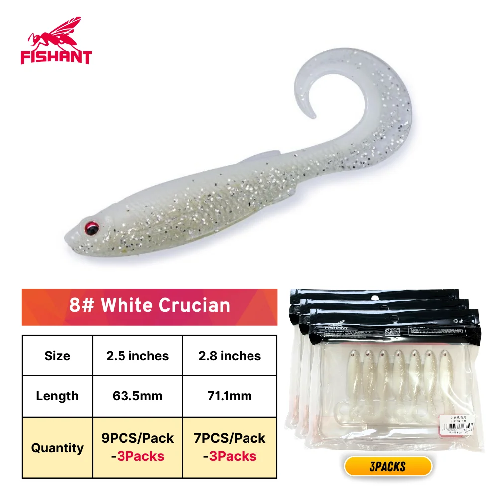 FISHANT Kleine echte vis met gekrulde staart, zacht kunstaas - Zinkend 2,5"(9PCS)/2,8"(7PCS) 3/5 pakjes, baarsaas voor Texas/Drop Shot/Ned Rig