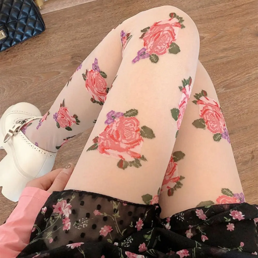 ถุงน่องลายปักลูกไม้สไตล์โลลิต้า สีชมพู/ดำ ลายดอกกุหลาบ ถุงน่องตาข่ายบาง สำหรับผู้หญิง