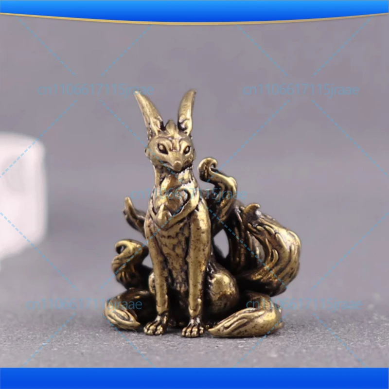 Brass Nine-Tailed Fox Statue - Mystical Fox Spirit Figurine for Office Desk Decor, Zen Tea Pet, Mythology Collectible Gift​