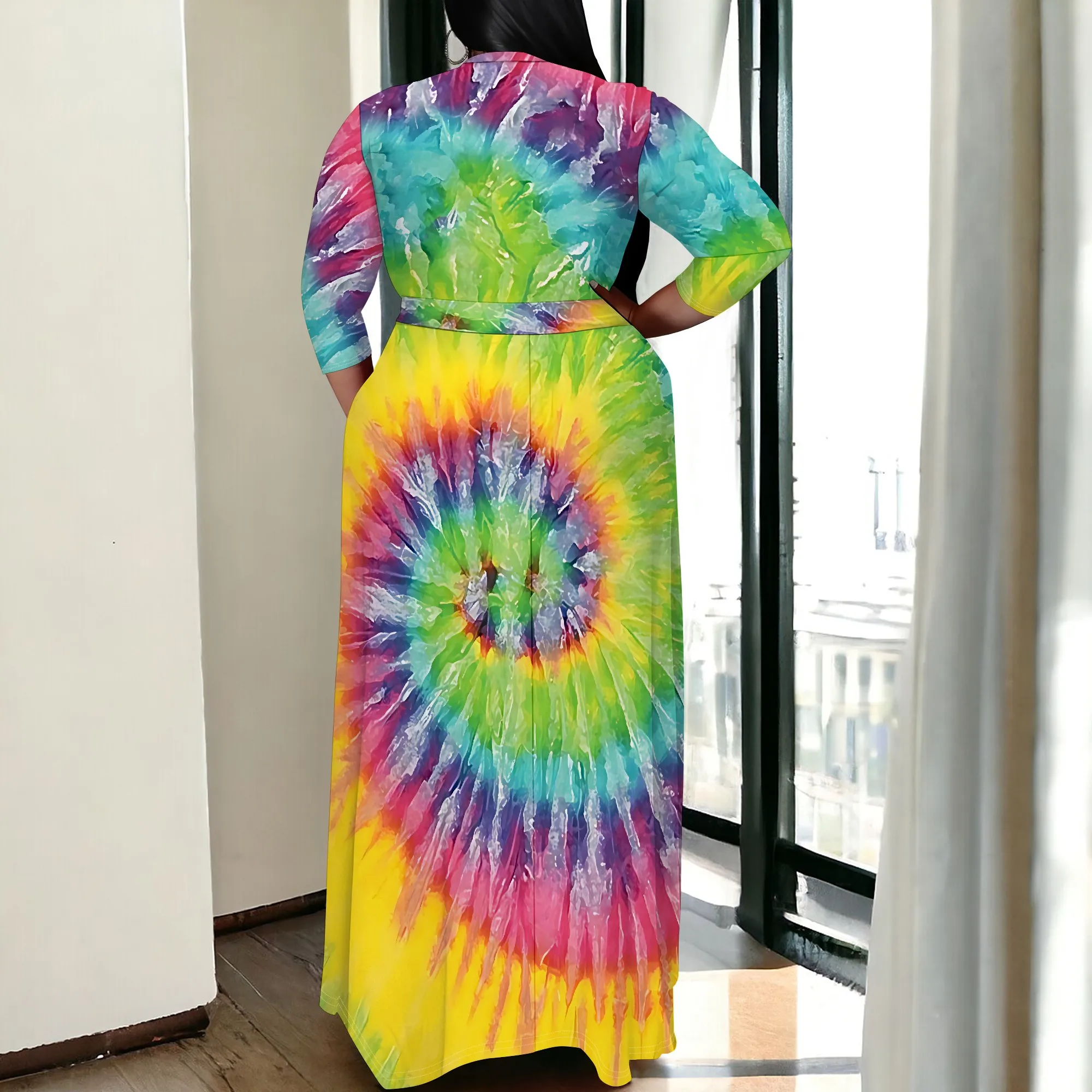 Plus Size Women's Pullover Sexy V Neck  3/4 Sleeve  Loose Long for Women Fashion Printed Summer  Casual Maxi Dresses With Pocket