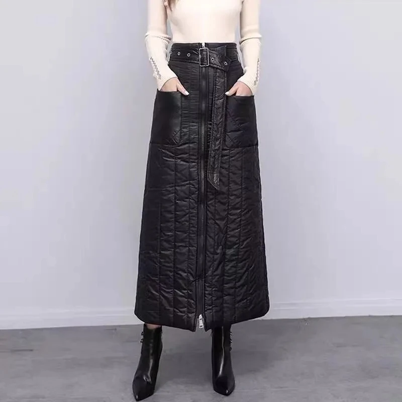 Autumn Winter Thick Warm Down Cotton Padded Skirts Women High Waist Windproof Belt Warm Puffer Skirts Large Size Long Skirts 5XL