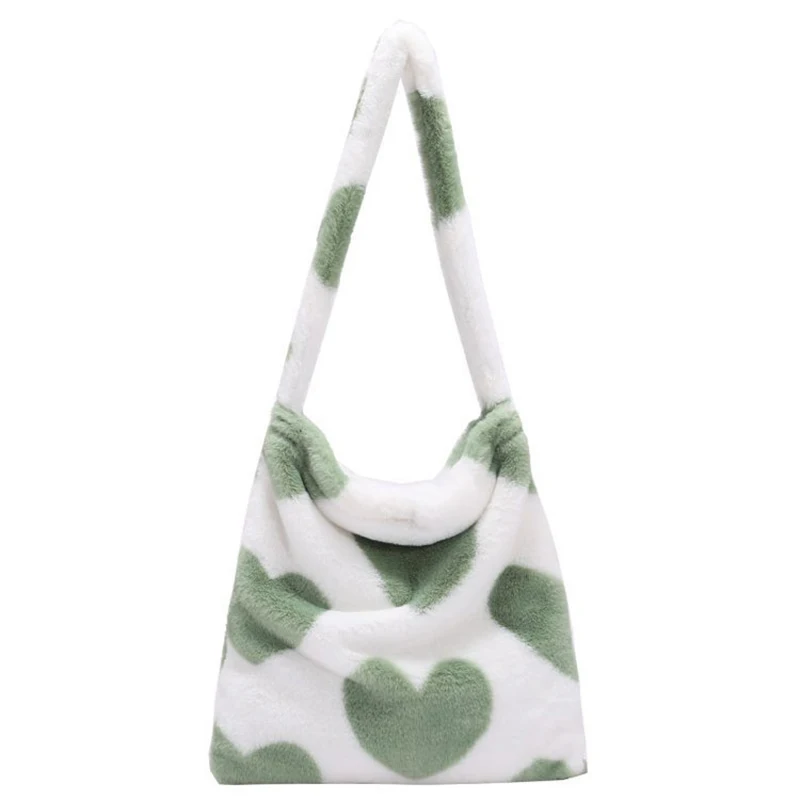 Retro Love heart Print Bags For Women 2023 Soft Plush Shoulder Bags Female Large Capacity Travel Bag Winter Warm Fluffy Totes