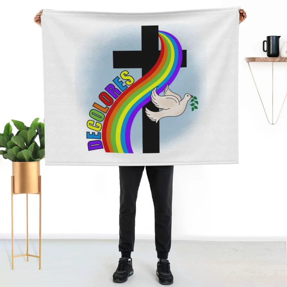 

DeColores Cursillo Rainbow With Cross and Peace Dove (White) Throw Blanket Portable Lightweight Blanket for Travel Camping