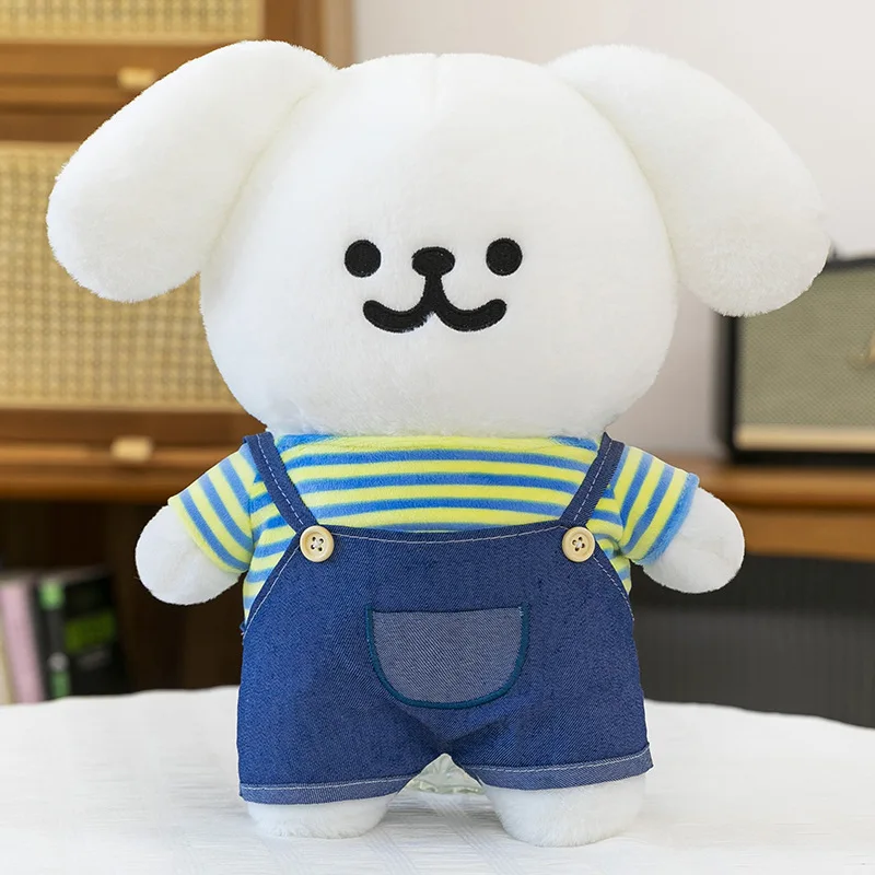 Kawaii Line Dog Plush Toy Cute Dressed White Puppy with Overalls Line Dog Stuffed Doll for Kids Birthday Xmas Gift Arcade Prize
