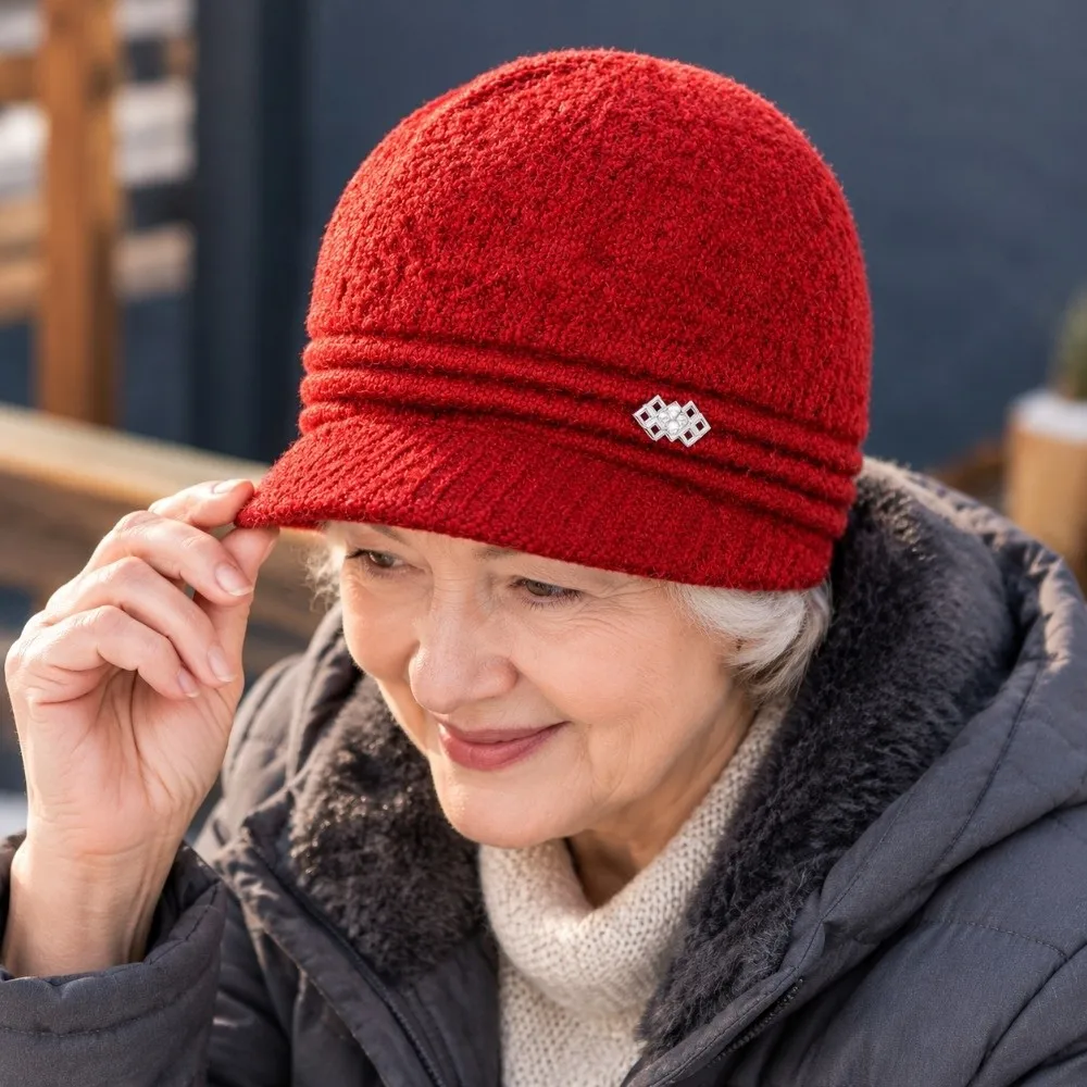 Elegance Thickened Knit Mom Grandma Knitted Hat Soft Stretch Warm Yarn Hat Wind Resistant Winter Cap Cold Weather
