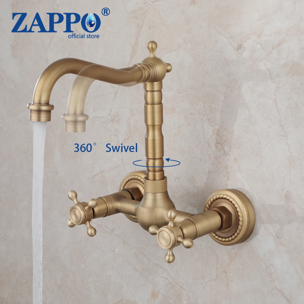 ZAPPO Bathroom Basin Faucet Wall Mounted Dual Handle Faucets w/360 Swivel Spout Bathtub Faucet Mixer Tap Antique Brass/ Silver